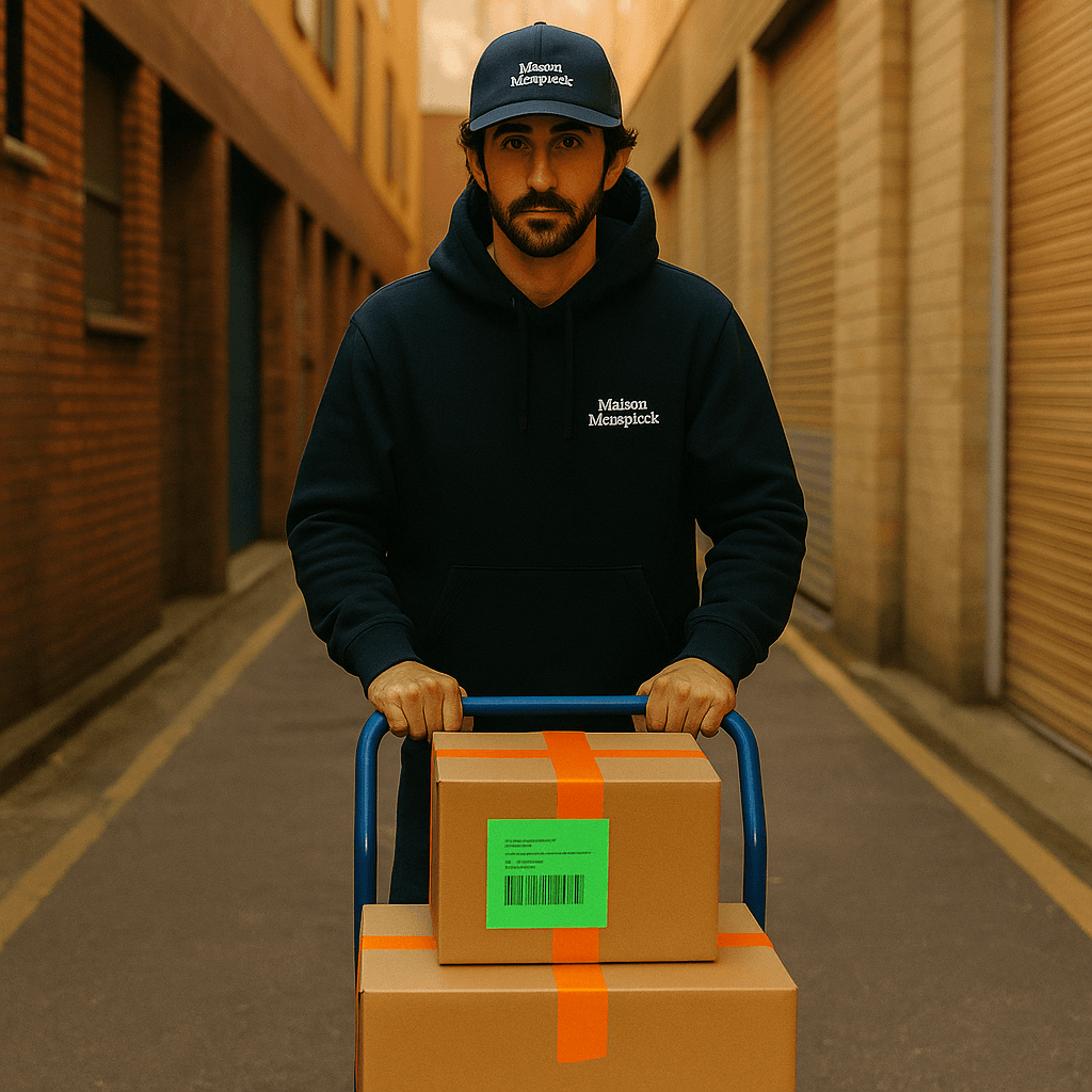 Hipster delivery driver wearing a Metapack t-shirt and cap, holding a Metapack package.