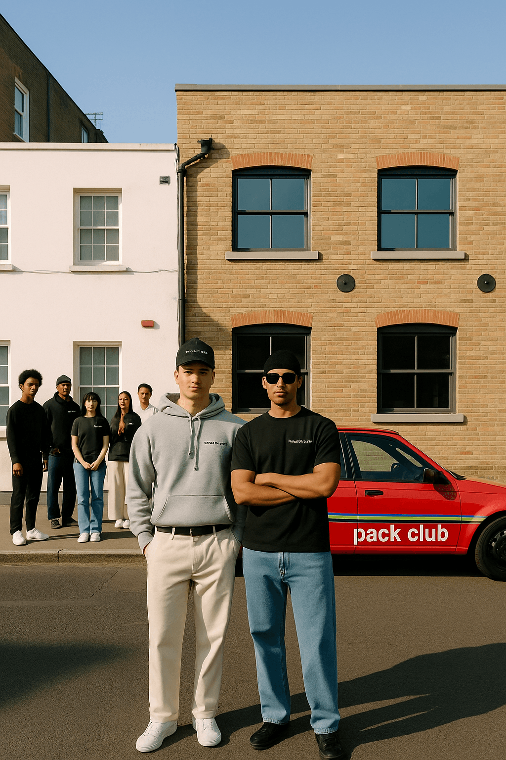 Hipster delivery driver wearing a Metapack t-shirt and cap, holding a Metapack package.