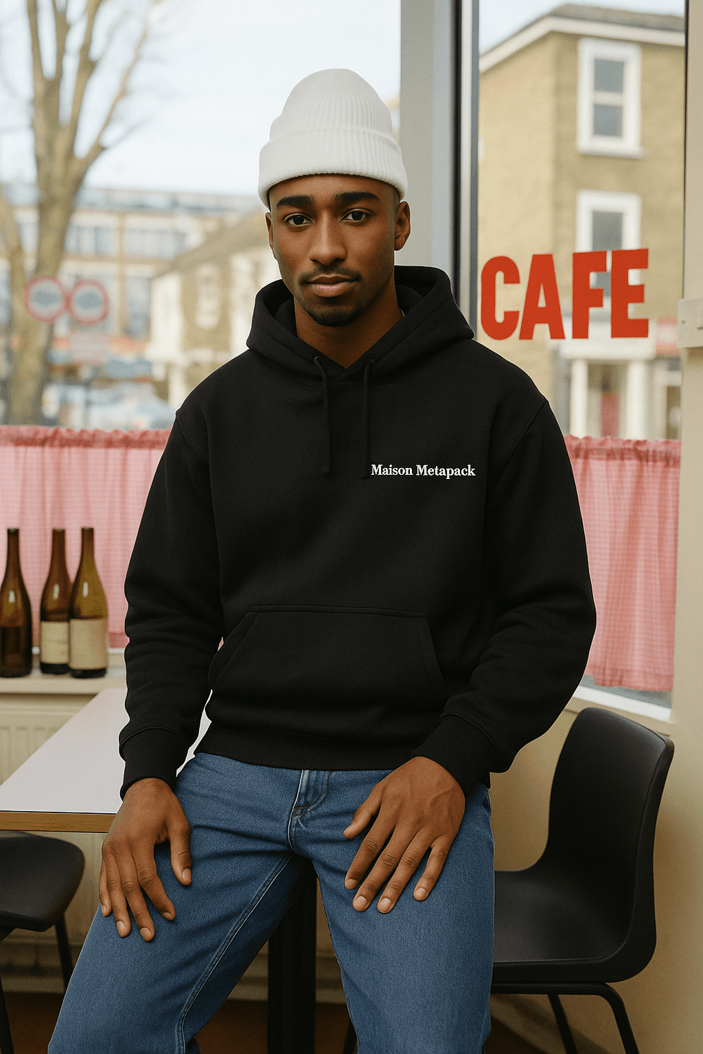 Hipster delivery driver wearing a Metapack t-shirt and cap, holding a Metapack package.