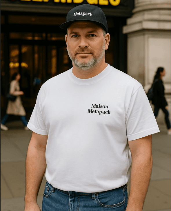 Hipster delivery driver wearing a Metapack t-shirt and cap, holding a Metapack package.